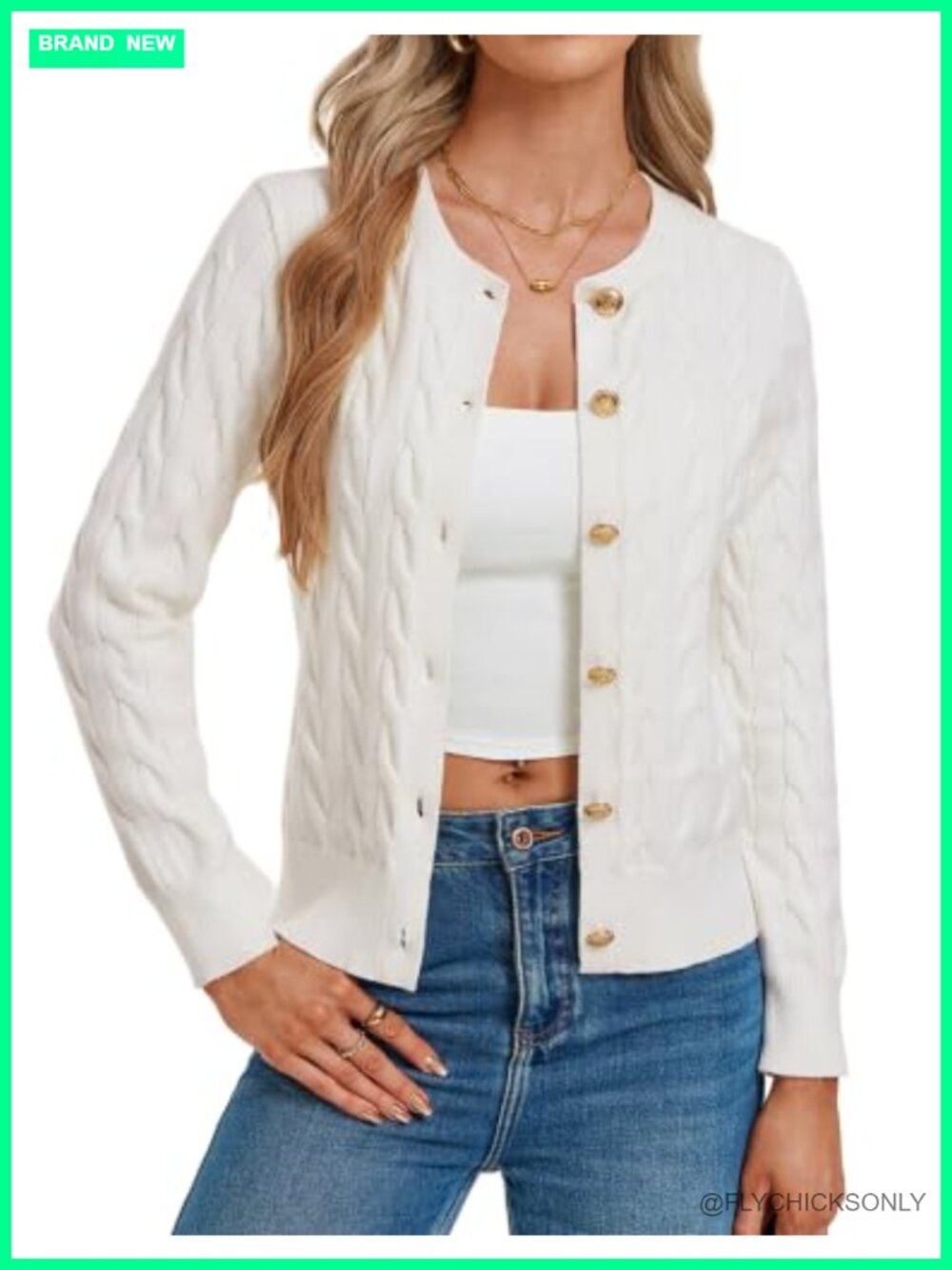 Women's Cable Knit Cardigan Button Up Crewneck Long Sleeve Lightweight